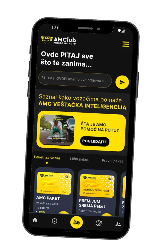Slika mobilnog telefona sa banerom AMC Srbija pomoć na putu